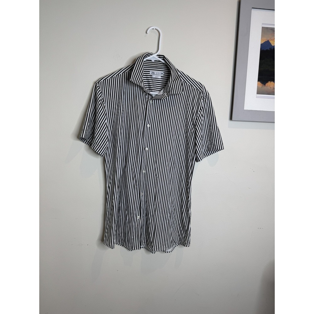 Zara Shirt Mens Medium Black White Stripe Slim Fit Short Sleeve Button Up Casual